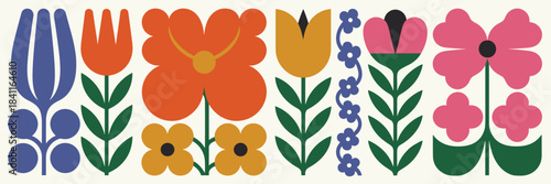 Scandinavian Style Folk Art Flowers In Bold Geometric Shapes And Vibrant Colors Keywords: scandinavian, folk art, floral, pattern, flowers, tulips