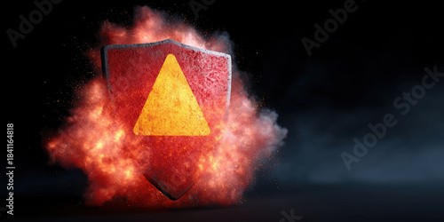 Fiery shield symbol, orange triangle, dark background, dramatic smoke, cyber defense