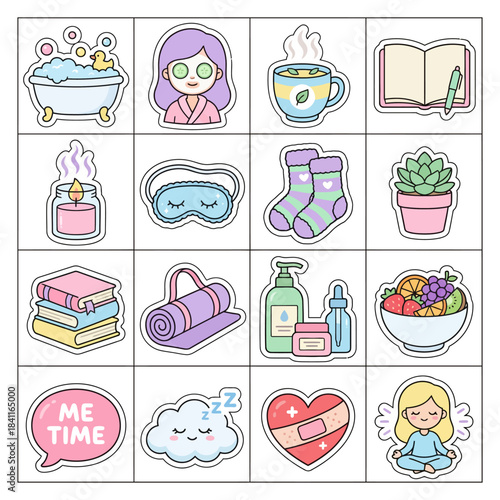 Self-care and relaxation icons for a peaceful and rejuvenating lifestyle, promoting wellness and personal time with cute illustrations