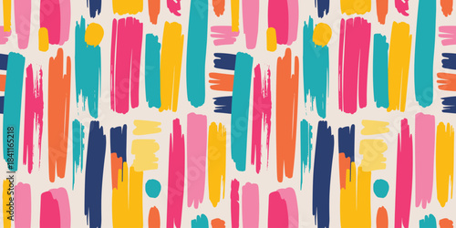 Seamless Pattern of Vertical Brush Strokes in Vibrant Colors on Cream Background Keywords: seamless, pattern, brush, stroke, vertical, colorful