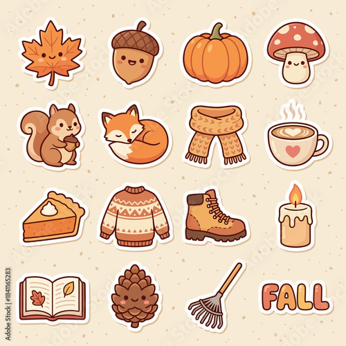 Cute autumn fall season sticker collection with charming cartoon illustrations of pumpkins, colorful leaves, squirrel, fox, warm drinks, sweater, and candle. Ideal for seasonal graphic design projects