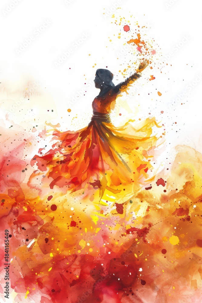 Fototapeta premium Vibrant holi celebration dance in colorful watercolor art. Punjabi festival Lohri. Vertical banner. Free space for text. Harvest festival. Happy Diwali. Watercolor illustration