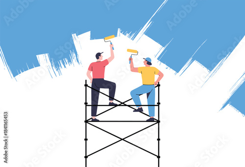 Two Painters on Scaffolding Painting a Large Blue Abstract Brushstroke Background construction renovation