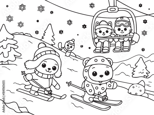 Cute Animals Enjoying Winter Skiing Fun on Mountains