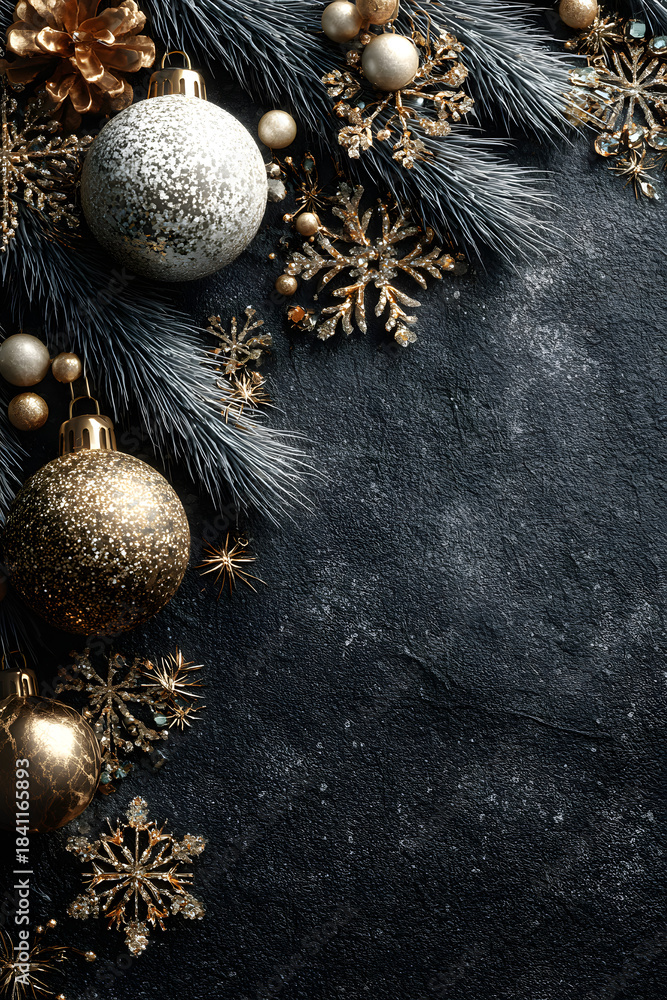 Fototapeta premium I designed this realistic Christmas card or pizarra for a menu for a holiday party with decorative elements and room for text or images