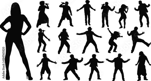 Singers and dancers silhouettes performing on stage, with male and female artists posing and moving energetically, flat vector illustration.