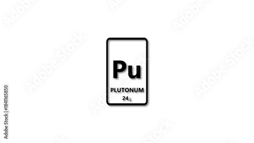 PLUTONUM as Element 94 of the Periodic Table. Design shows name, atomic weight and element number. black background 4k animation