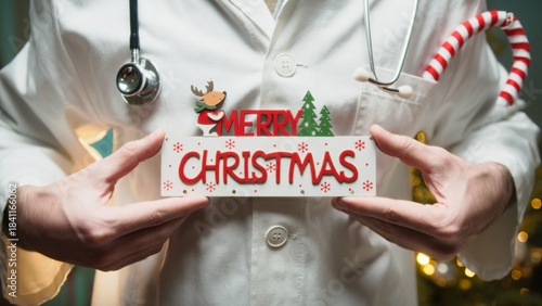Merry Christmas Wishes Text From a Doctor in Hospital in Front of Tree