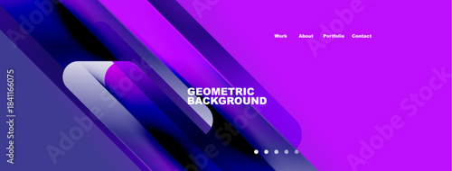 Abstract geometric background. Purple, blue gradients dominate design. Minimalist website header includes navigation options. Modern aesthetic.