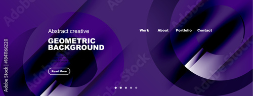 Dark purple abstract design. Geometric shapes create dynamic background. Website header includes navigation options, button. Minimalist aesthetic.