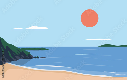 Orange sun over a blue ocean with green cliffs and sandy beach