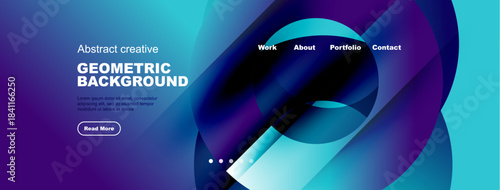 Abstract website header design. Blue, purple gradients create dynamic geometric shapes. Minimalist text, navigation present.