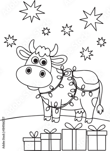 Cute cow with Christmas lights and gifts coloring page