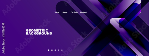 Abstract geometric design. Purple gradients overlap creating dynamic visual effect. Minimalist website header present.