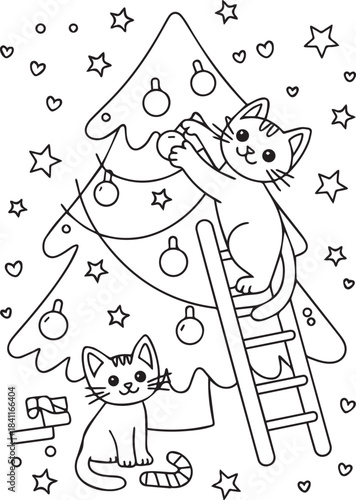 Cute Cats Decorating Christmas Tree Holiday Fun