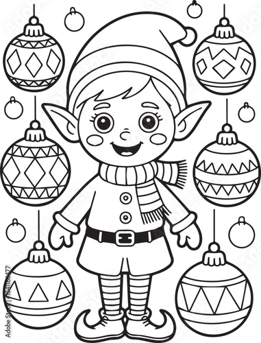 Smiling Elf and Decorative Ornaments Holiday Coloring Sheet