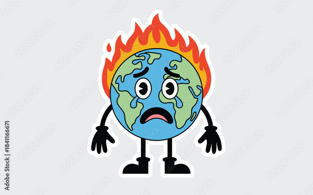 Fototapeta premium Sad Earth Character with Flames on Head Crying planet