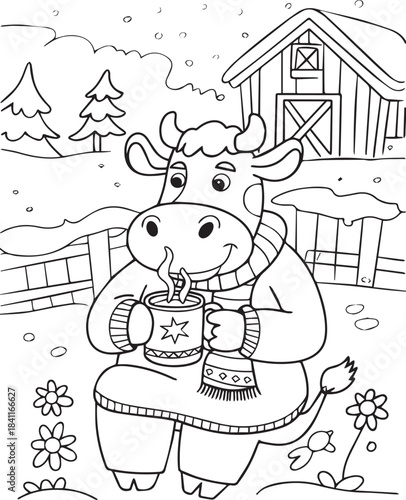 Cute cow enjoying a warm drink in winter snow