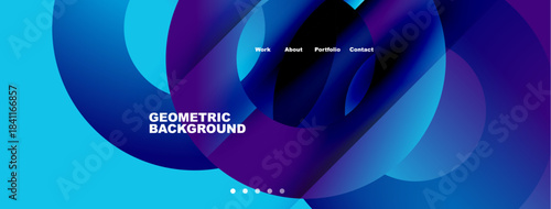 Abstract geometric background features vibrant blue, purple hues. Navigation includes work, about, portfolio, contact options. Minimalist design.