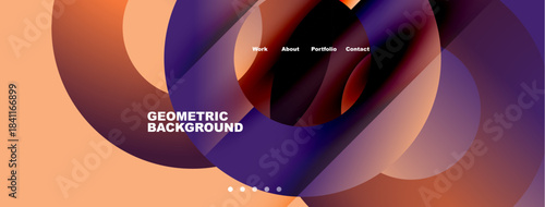 Abstract geometric background features overlapping shapes, warm colors, navigation menu. Modern design suitable for website header or presentation.