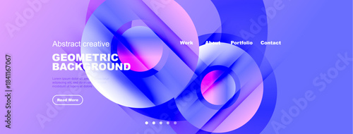 Abstract geometric background. Vibrant blue, purple hues create modern design. Website header with navigation options visible.