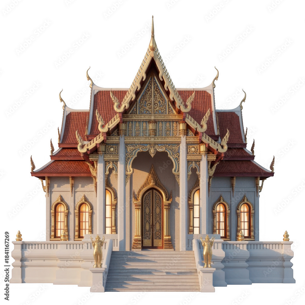 Obraz premium Ornate Thai temple building with red tiled roof and golden accents isolated on a transparent background