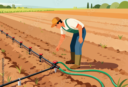 An illustration shows a farmer inspecting a field with irrigation lines, green hoses, and a distant field