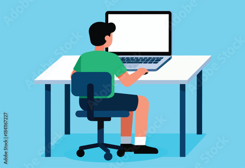 Vector illustration depicts a person sitting at a desk with a laptop, viewed from behind