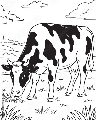 Cute spotted cow grazing in a grassy field