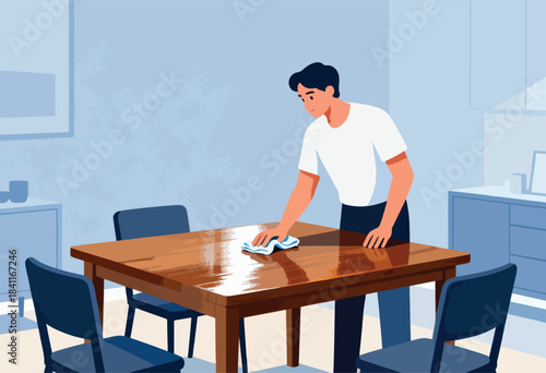 A person in a white shirt cleans a shiny wooden table with a cloth. Three chairs surround it. Blue tones