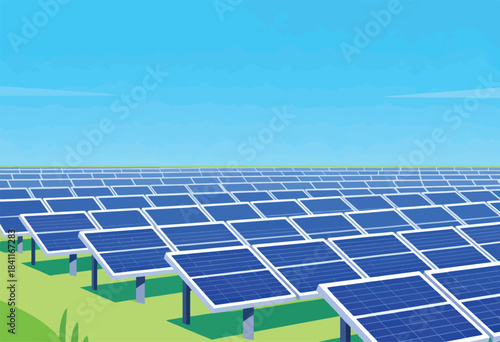 An array of solar panels in a field beneath a blue sky, illustrating renewable energy and sustainability