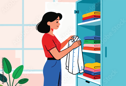 A person in red shirt and blue pants selects a white shirt from a tidy, colorful clothes closet