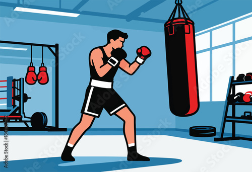 A boxer practices in a gym, punching a heavy bag. Red boxing gloves, ring, and weights are also present