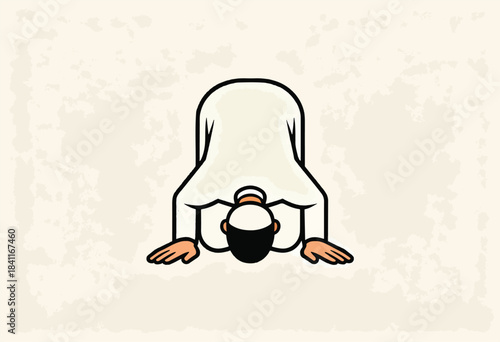Illustration of a person in white robes, bowing down, possibly in prayer, set against a textured, light background