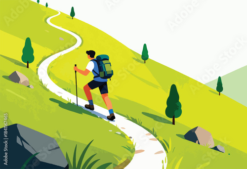 Illustration depicting a hiker with a backpack and trekking poles ascending a winding path through a verdant landscape