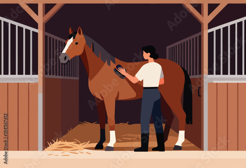A person brushes a brown horse in a stable with hay on the floor, flat graphic design style