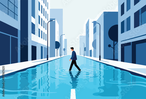 A lone figure traverses a flooded urban street, reflecting the tall buildings, amidst a monochromatic blue scene