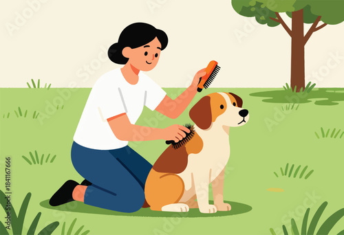A person brushes a dog sitting in grass near a tree. The style is flat, and the colors are vibrant