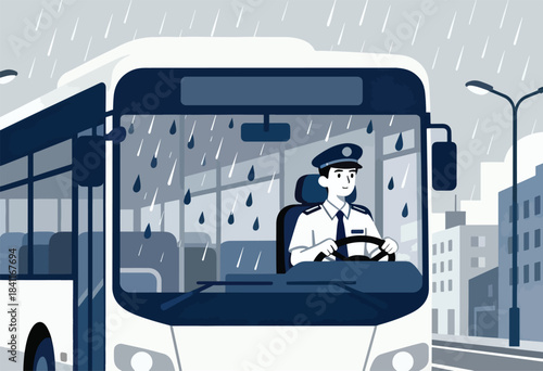 A bus driver in uniform steers through a rainy cityscape. Raindrops streak the windshield. Buildings in the backdrop