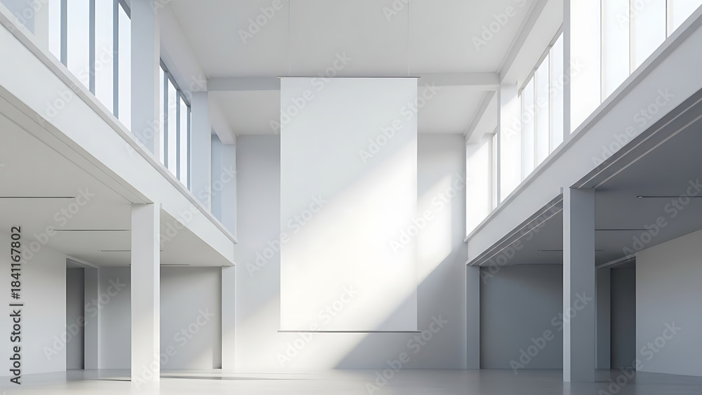 Fototapeta premium Modern Industrial Architecture with Natural Light and Vertical Banner Display