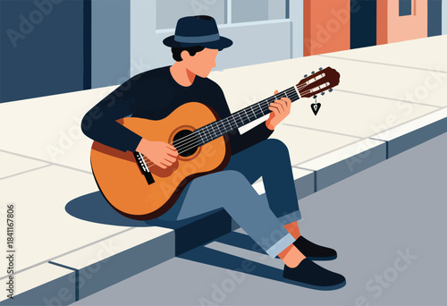 A man in a hat sits on a ledge playing a classical guitar outdoors. Simplified geometric style