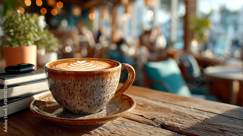 Morning coffee cup on wooden table inside cozy cafe with warm natural light