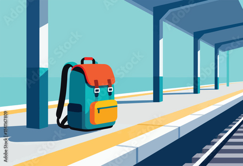 A vibrantly colored backpack sits on a train platform with geometric columns and tracks receding into the distance