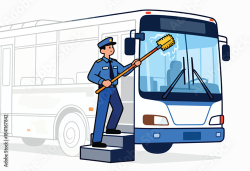 An illustrated bus washer in uniform cleans the front window of a bus with a squeegee, a similar bus in the background
