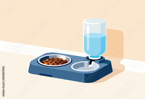 Isometric illustration of a pet feeder with food, water, and an automatic dispenser