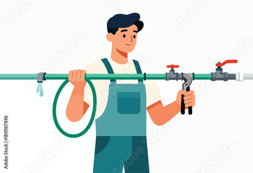 Illustration shows a plumber holding a pipe with water dripping, surrounded by tools and valves