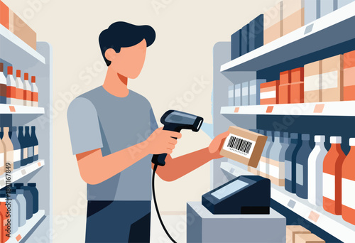 A person scans a barcode on a box in a store aisle filled with products. A cash register sits nearby