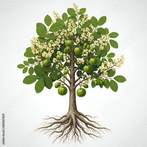 Terminalia chebula plant with roots, pale flowers and green fruits