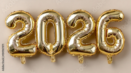 Golden balloons forming number 2026 celebrating new year event with festive holiday atmosphere