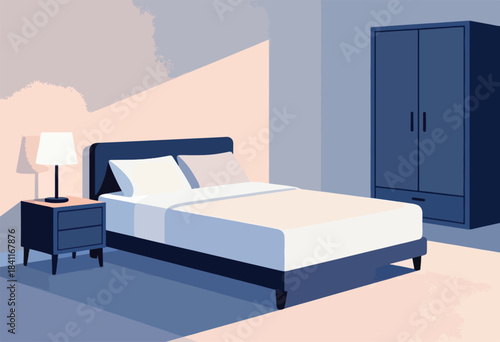 A digitally rendered bedroom with a bed, nightstand, lamp, and wardrobe, bathed in soft pastel hues